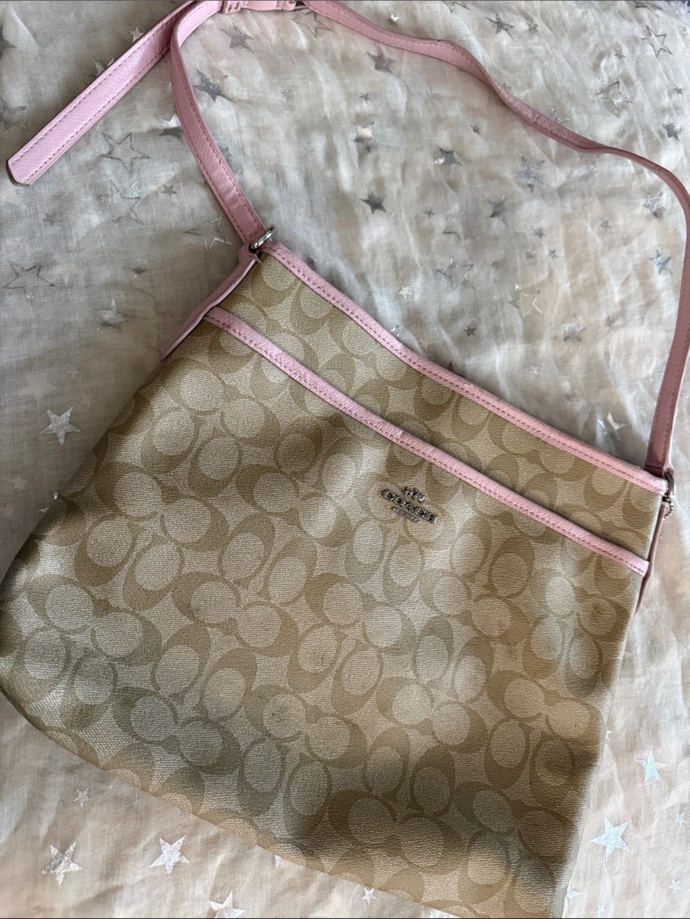 Coach Beige Signature Hanbag with Pink Trim